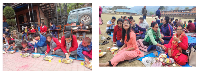 Children, families and staff sharing meals at CBR Bhaktapur in Nepal